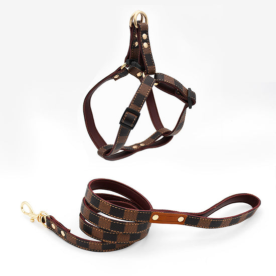 Trendy Monogram Leather Pet Dog Harness, Leash and Collar Set for Small and Medium-Sized Dogs