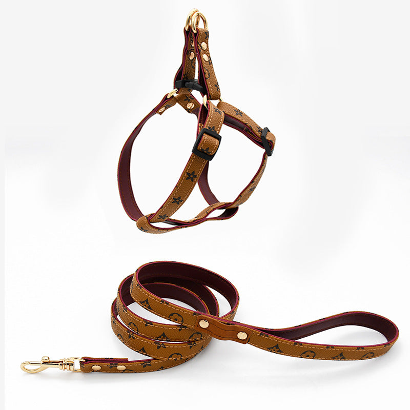Trendy Monogram Leather Pet Dog Harness, Leash and Collar Set for Small and Medium-Sized Dogs