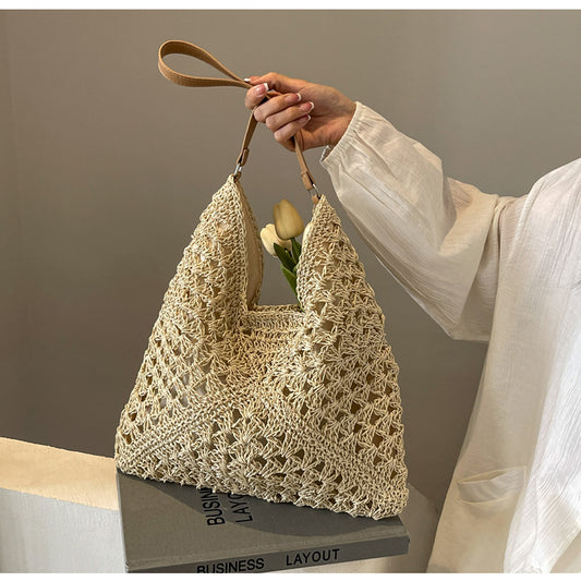 Hand Crocheted Straw Tote Bag with Leather Strap