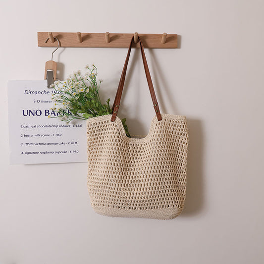 Handmade Crochet Straw Tote Bags with Leather Straps