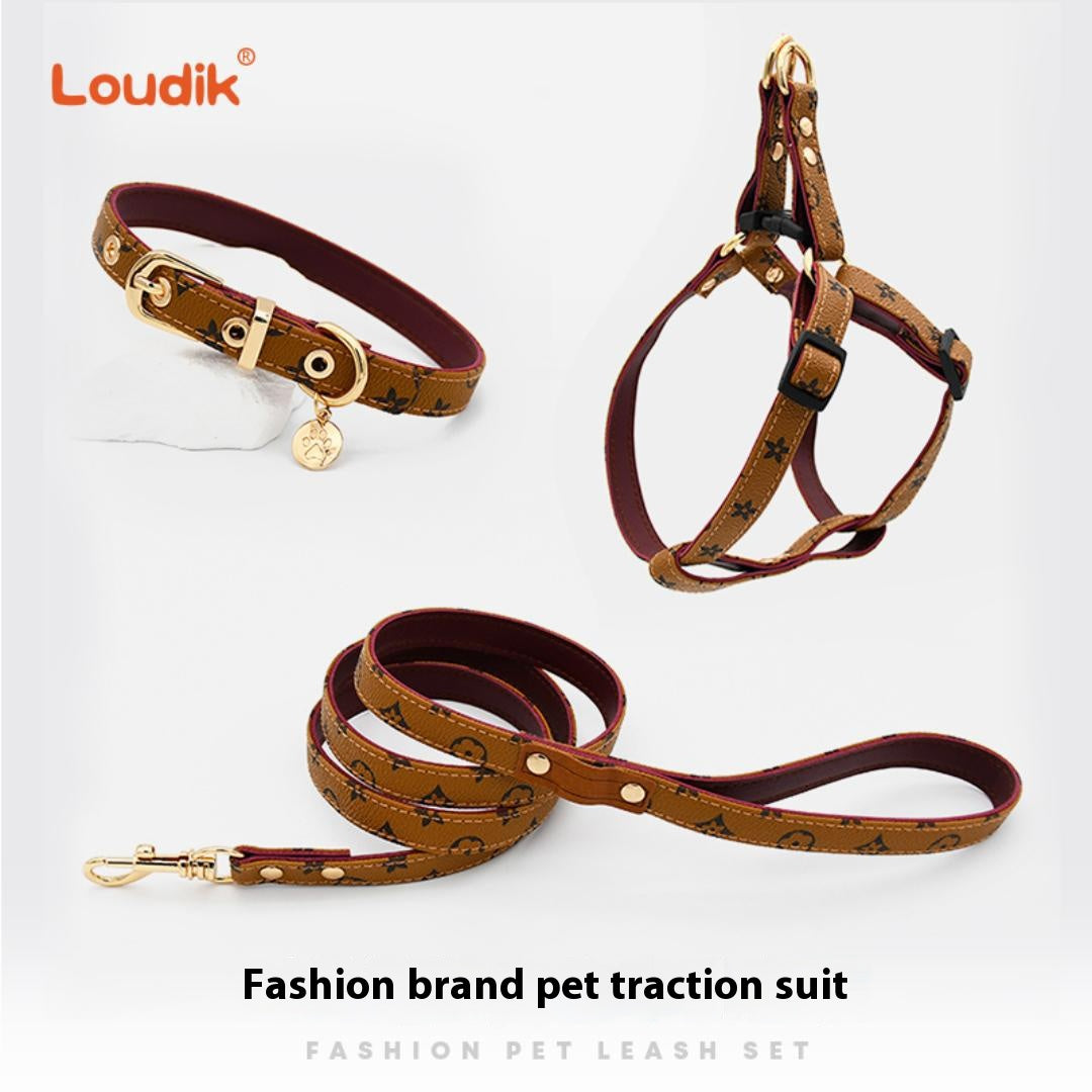 Trendy Monogram Leather Pet Dog Harness, Leash and Collar Set for Small and Medium-Sized Dogs