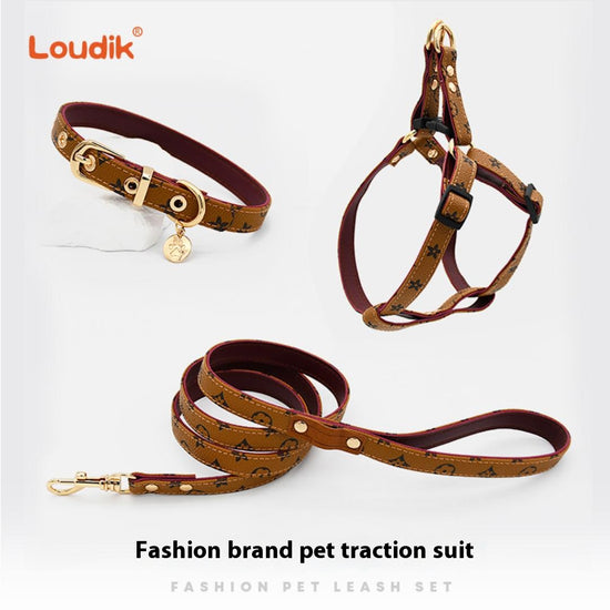 Trendy Monogram Leather Pet Dog Harness, Leash and Collar Set for Small and Medium-Sized Dogs