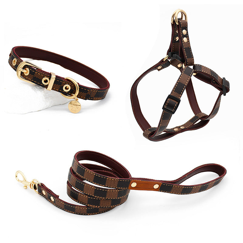 Trendy Monogram Leather Pet Dog Harness, Leash and Collar Set for Small and Medium-Sized Dogs