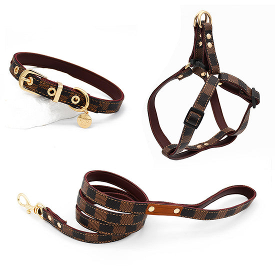 Trendy Monogram Leather Pet Dog Harness, Leash and Collar Set for Small and Medium-Sized Dogs