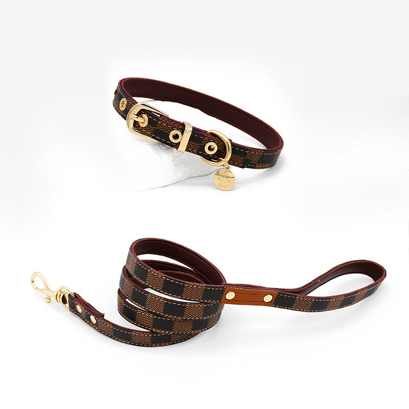 Trendy Monogram Leather Pet Dog Harness, Leash and Collar Set for Small and Medium-Sized Dogs