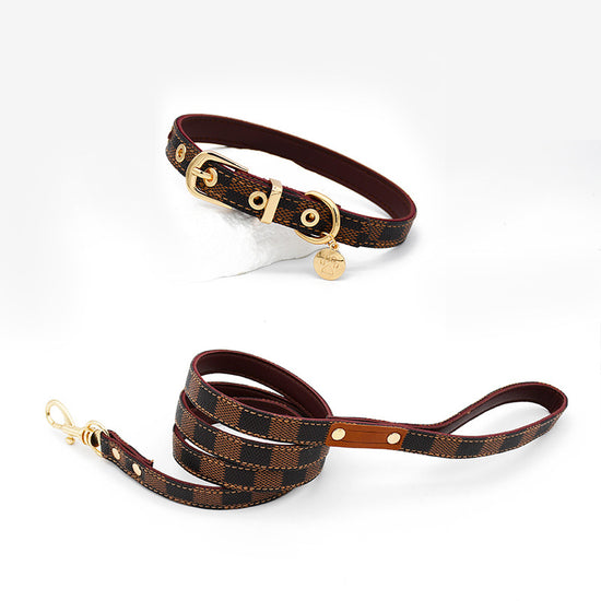 Trendy Monogram Leather Pet Dog Harness, Leash and Collar Set for Small and Medium-Sized Dogs