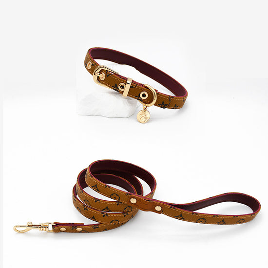 Trendy Monogram Leather Pet Dog Harness, Leash and Collar Set for Small and Medium-Sized Dogs
