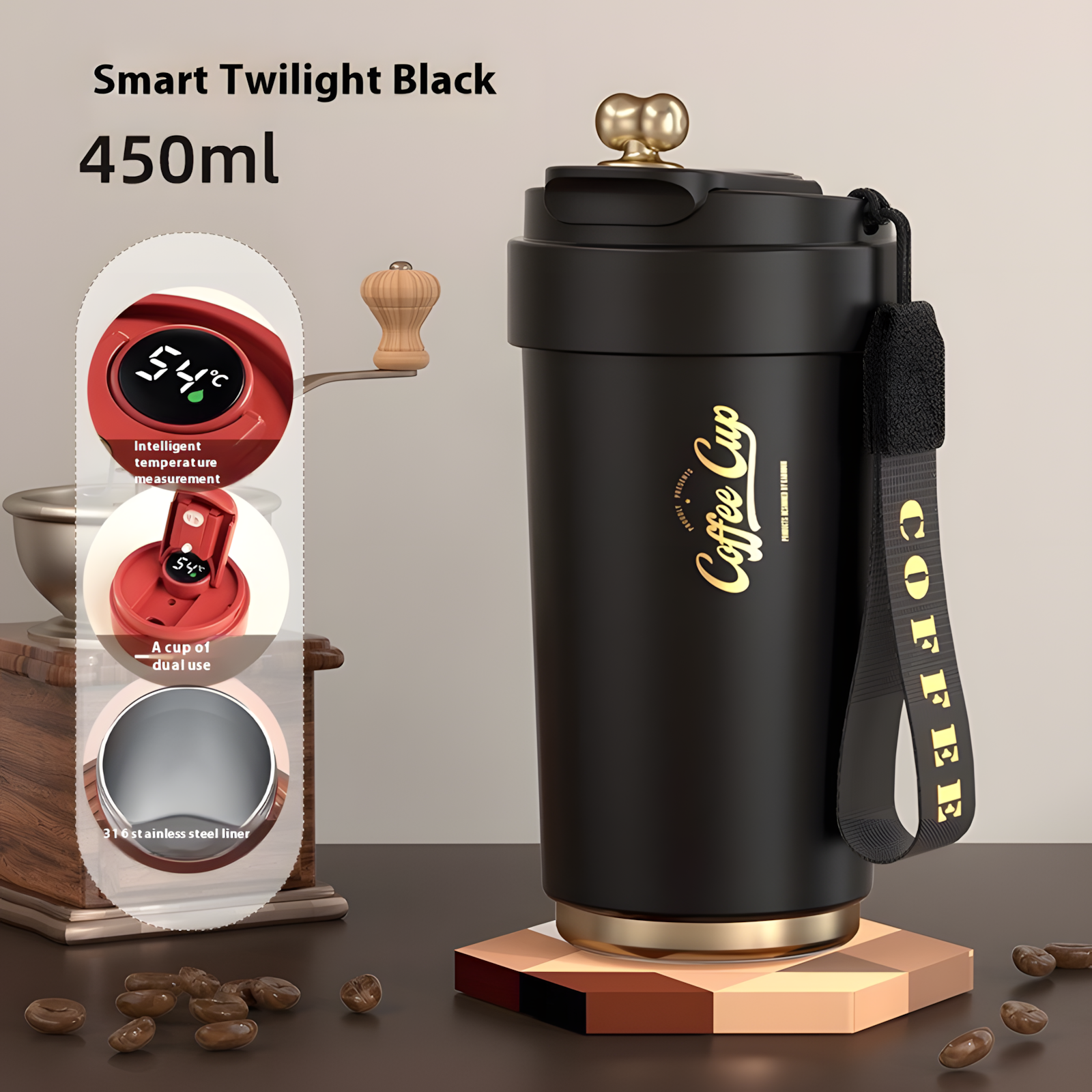 Intelligente Kaffee-Thermosbecher mit Keramik-Innenfutter, Wasserbecher aus Edelstahl 316, tragbare Geschenkbecher fürs Auto und gravierte Becher 